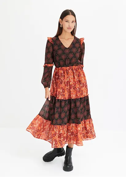 Bonprix Bedrucktes Midikleid Aus Chiffon Mit Volants - Schwarz