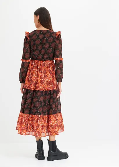 Bonprix Bedrucktes Midikleid Aus Chiffon Mit Volants - Schwarz