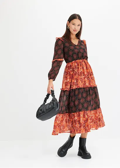 Bonprix Bedrucktes Midikleid Aus Chiffon Mit Volants - Schwarz