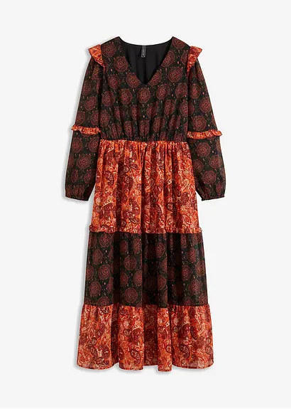 bonprix Bedrucktes Midikleid aus Chiffon mit Volants - schwarz