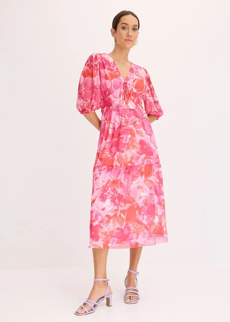 Bonprix Bedrucktes Midikleid Aus Softem Mesh Mit Dekorativem Bindeband Vorne Am Ausschnitt