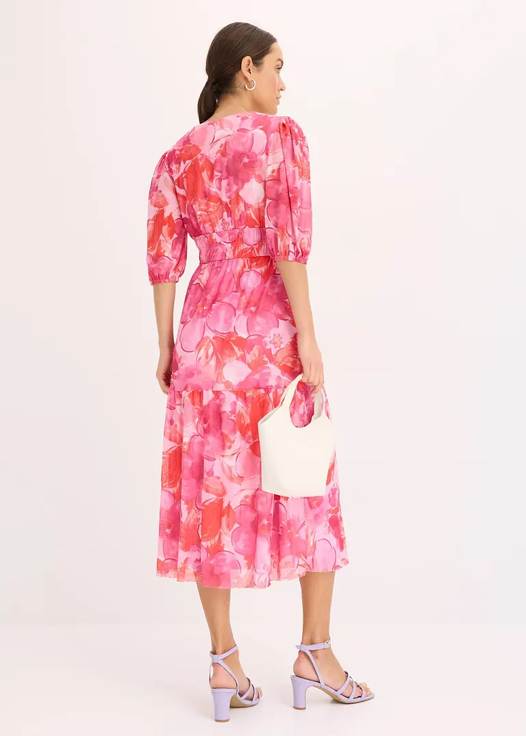 Bonprix Bedrucktes Midikleid Aus Softem Mesh Mit Dekorativem Bindeband Vorne Am Ausschnitt