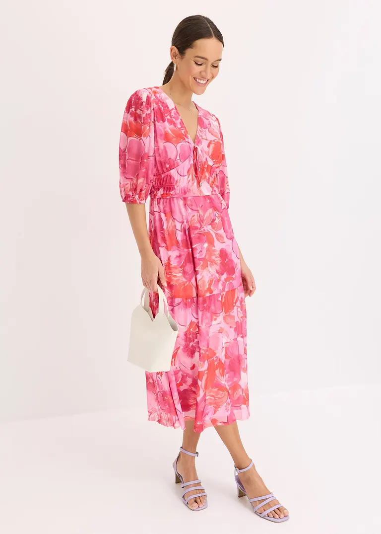 Bonprix Bedrucktes Midikleid Aus Softem Mesh Mit Dekorativem Bindeband Vorne Am Ausschnitt