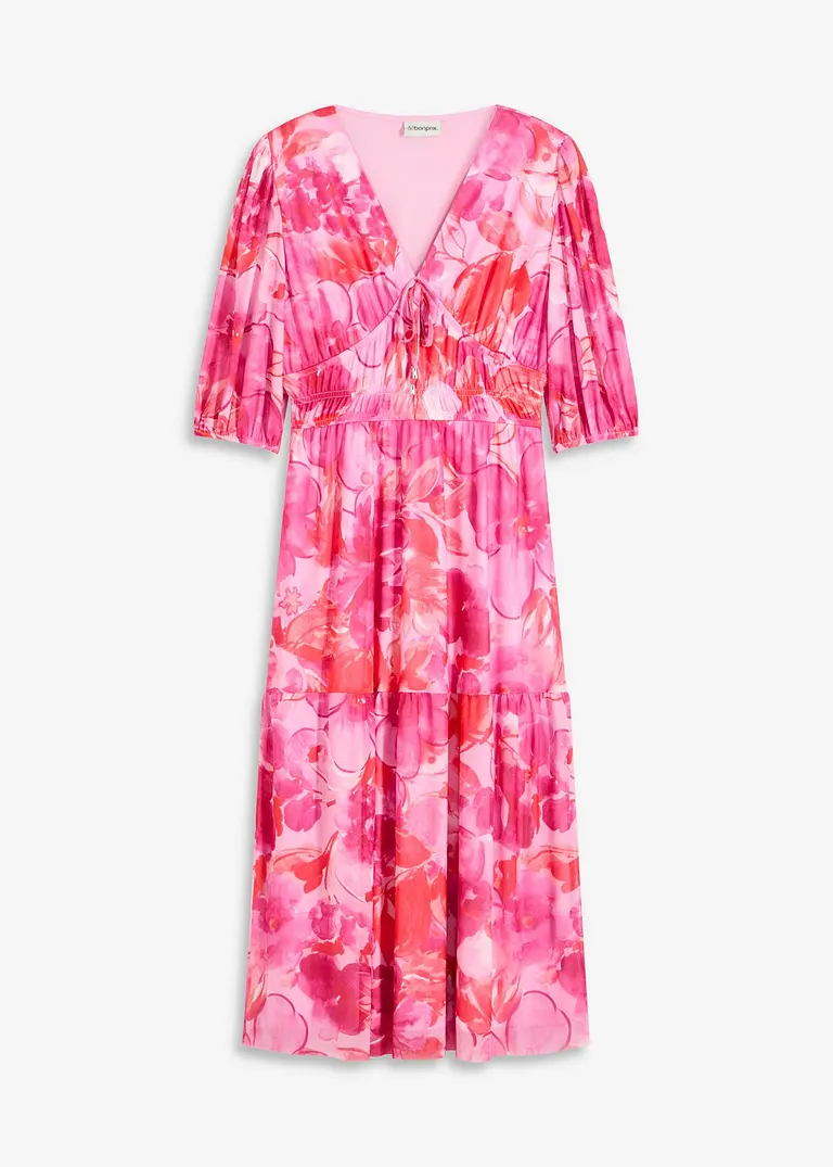 bonprix bedrucktes Midikleid aus softem Mesh mit dekorativem Bindeband vorne am Ausschnitt