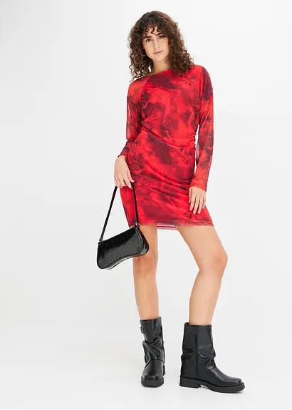 Bonprix Bedrucktes Minikleid Aus Mesh - Schwarz - Damen