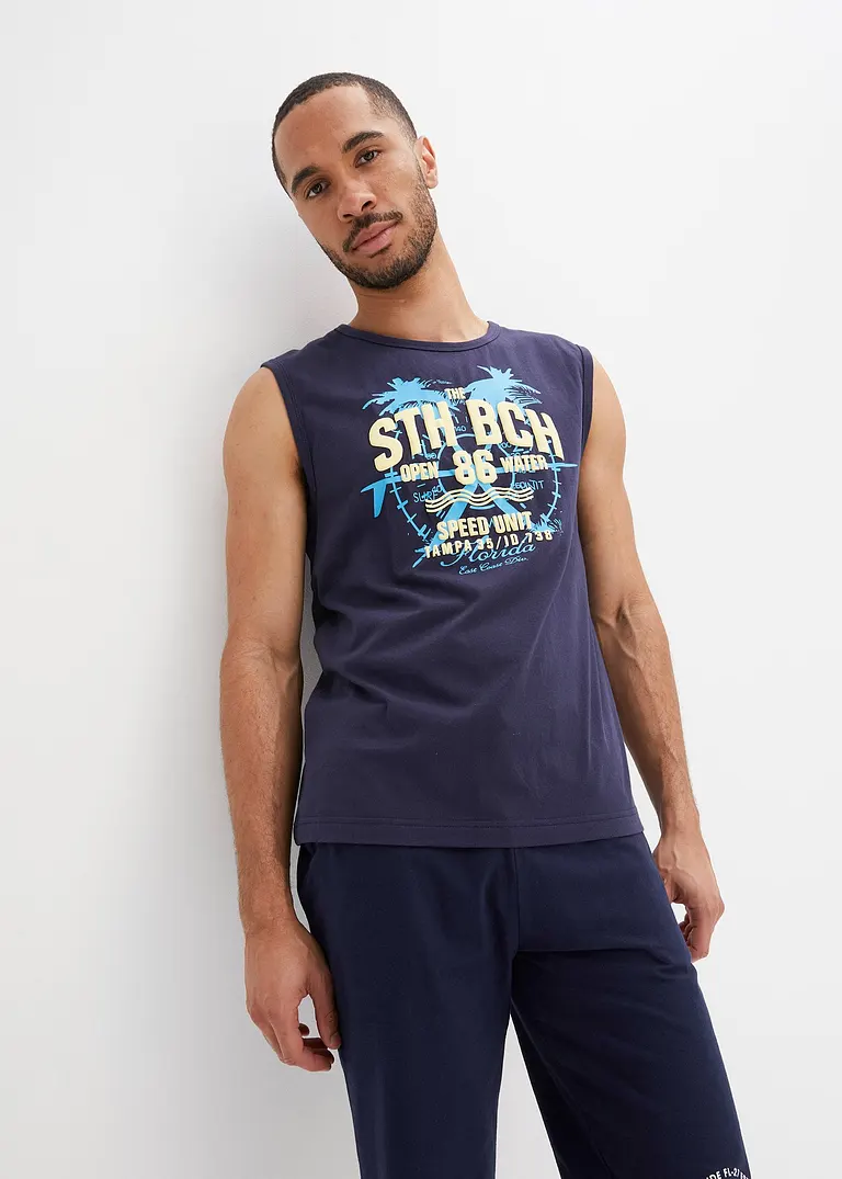 Bonprix Bedrucktes Muskelshirt Mit Rundhalsausschnitt - Blau