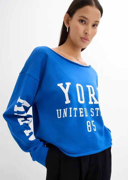 Bonprix Bedrucktes Sweatshirt Mit Bateau Ausschnitt - Blau