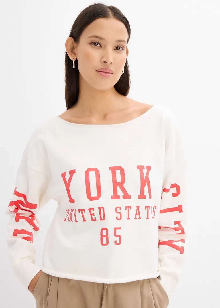 Bonprix Bedrucktes Sweatshirt Mit Bateau Ausschnitt - Weiß