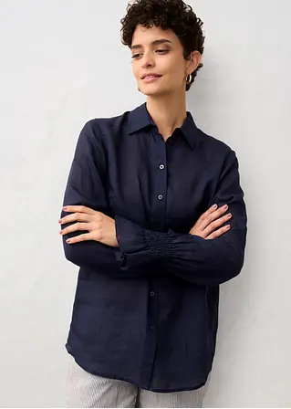 Bonprix Bequeme Hemdbluse Aus Ramie Mit Raffung Am Ärmel - Blau