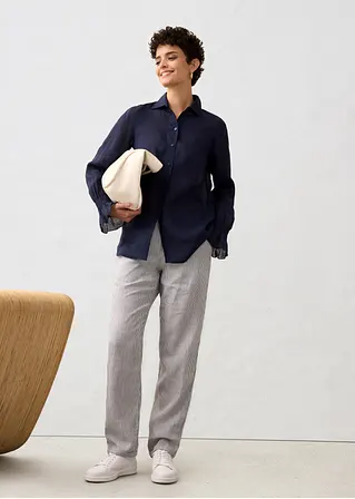 Bonprix Bequeme Hemdbluse Aus Ramie Mit Raffung Am Ärmel - Blau