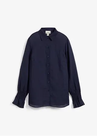 bonprix bequeme Hemdbluse aus Ramie mit Raffung am Ärmel - blau