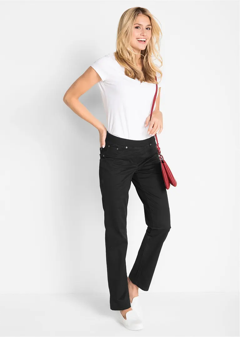 Bonprix Bequeme Hose Mit Geradem Bein Rippbund Und Nieten - Schwarz