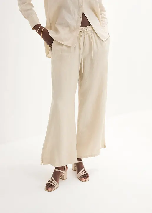 Bonprix Bequeme Leinenhose Mit Weitem Bein Knöchellang - Beige