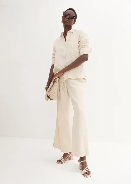 Bonprix Bequeme Leinenhose Mit Weitem Bein Knöchellang - Beige
