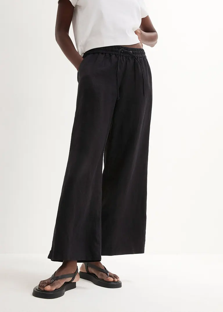 Bonprix Bequeme Leinenhose Mit Weitem Bein Knöchellang - Schwarz - Damen