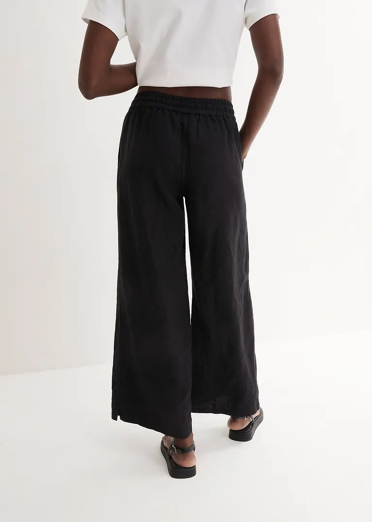 Bonprix Bequeme Leinenhose Mit Weitem Bein Knöchellang - Schwarz - Damen