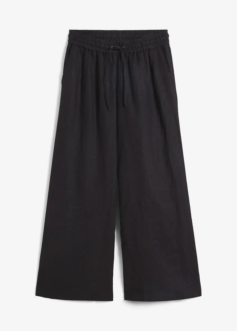 bonprix bequeme Leinenhose mit weitem Bein knöchellang - schwarz - Damen