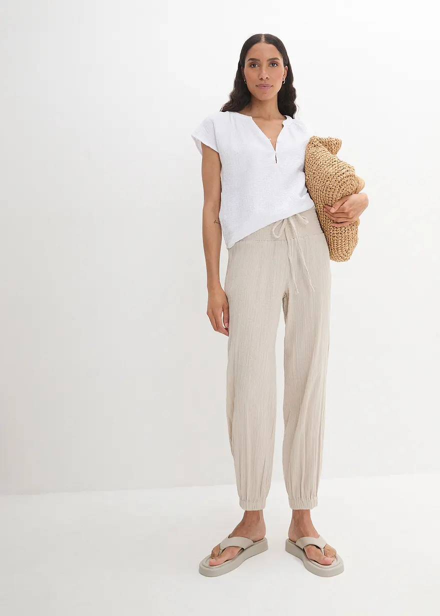 Bonprix Bequeme Musselin Hose Mit Breitem Gummibund - Grau