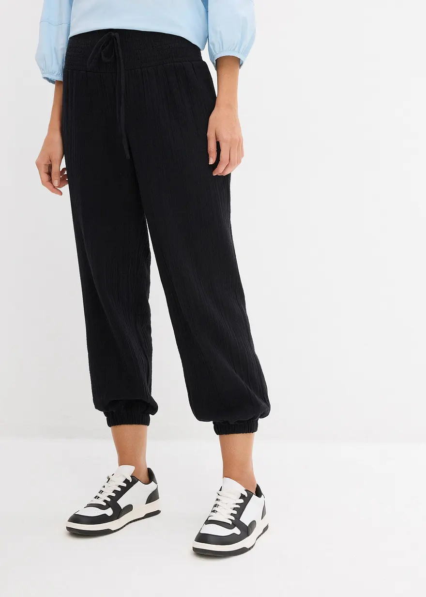 Bonprix Bequeme Musselin Hose Mit Breitem Gummibund - Schwarz