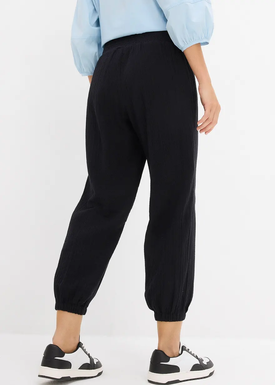 Bonprix Bequeme Musselin Hose Mit Breitem Gummibund - Schwarz