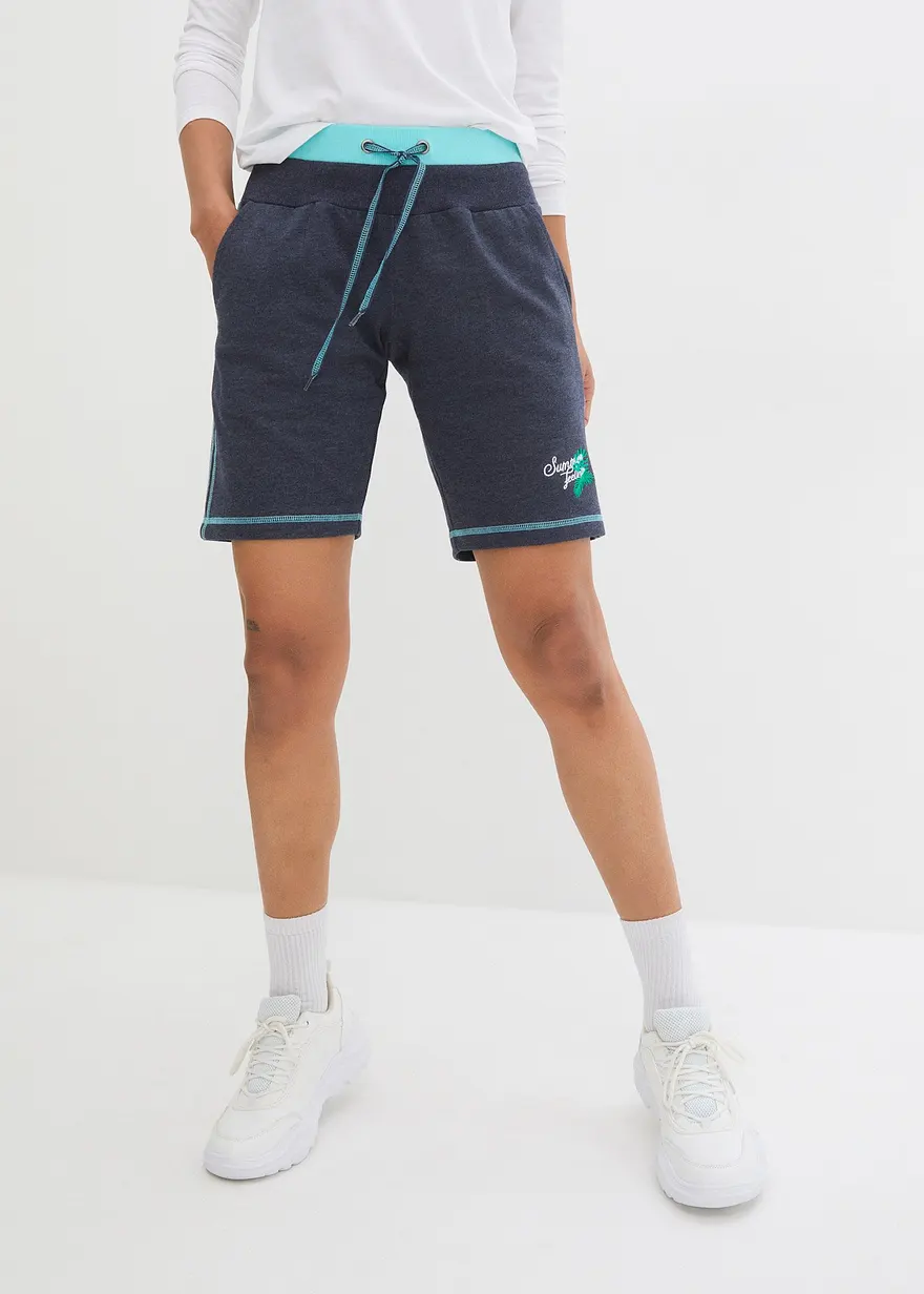 Bonprix Bequeme Sweat-Shorts Mit Stickerei Und Kontrastnähten - Blau