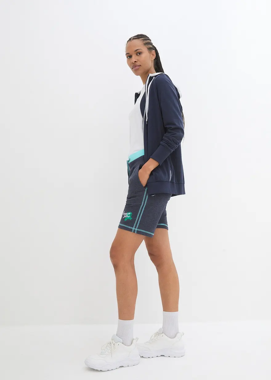 Bonprix Bequeme Sweat-Shorts Mit Stickerei Und Kontrastnähten - Blau