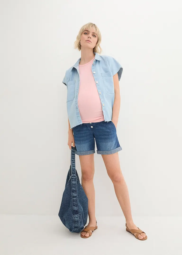 Bonprix Bequeme Umstands-Paperbag-Jeansshorts - Blau - Damen