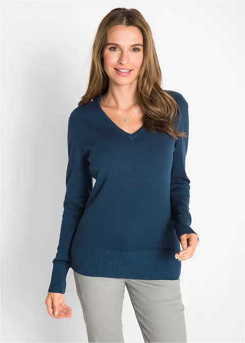 Bonprix Bequemer Basic-Pullover Mit Baumwolle - Blau - Damen