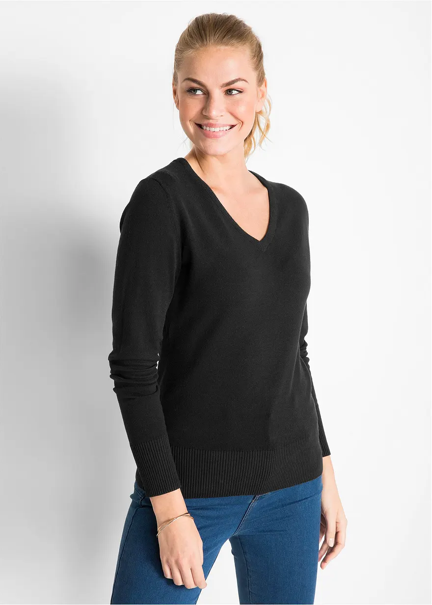 Bonprix Bequemer Basic-Pullover Mit Baumwolle - Schwarz - Damen