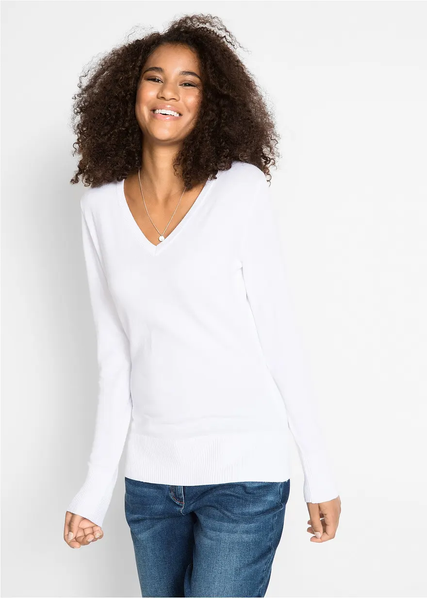 Bonprix Bequemer Basic-Pullover Mit Baumwolle - Weiß - Damen