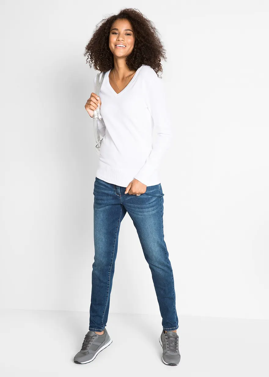 Bonprix Bequemer Basic-Pullover Mit Baumwolle - Weiß - Damen