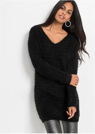 Bonprix Bequemer Flauschiger Long-Pullover - Schwarz - Damen