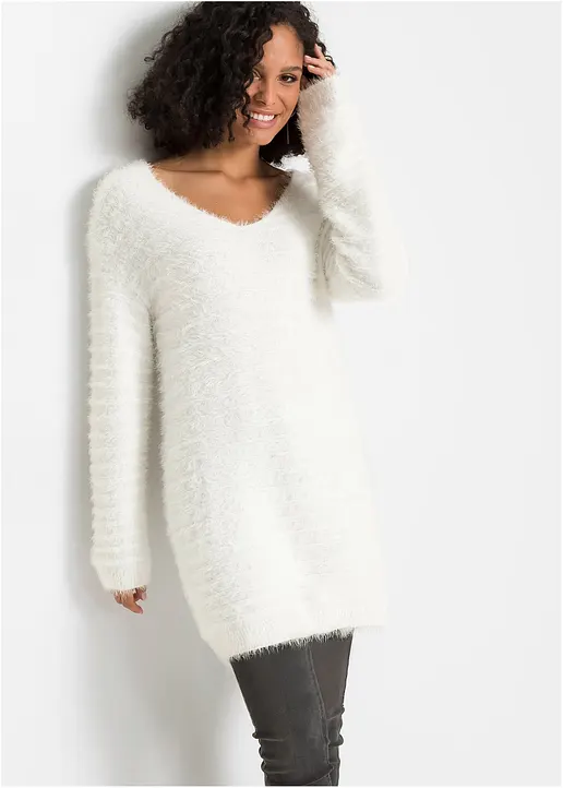 Bonprix Bequemer Flauschiger Long-Pullover - Weiß - Damen