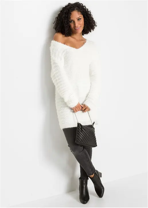Bonprix Bequemer Flauschiger Long-Pullover - Weiß - Damen