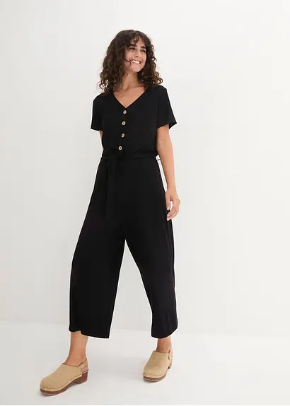 Bonprix Bequemer Jumpsuit In 7/8-Länge Mit Kleiner Knopfleiste Und Bindegürtel