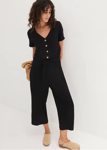 Bonprix Bequemer Jumpsuit In 7/8-Länge Mit Kleiner Knopfleiste Und Bindegürtel