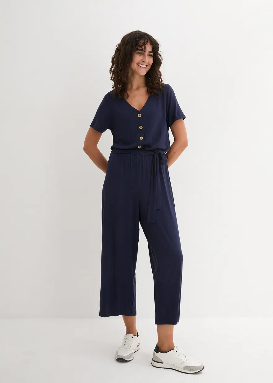 Bonprix Bequemer Jumpsuit In 7/8-Länge Mit Kleiner Knopfleiste Und Bindegürtel