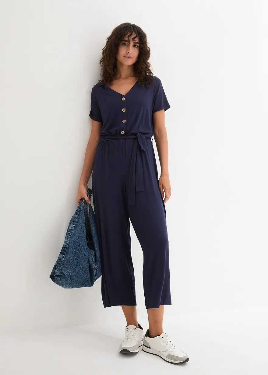 Bonprix Bequemer Jumpsuit In 7/8-Länge Mit Kleiner Knopfleiste Und Bindegürtel