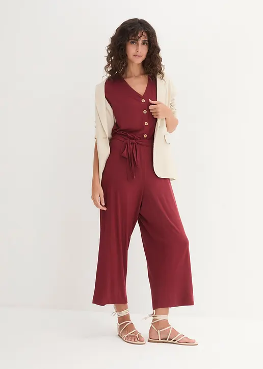Bonprix Bequemer Jumpsuit In 7/8-Länge Mit Kleiner Knopfleiste Und Bindegürtel