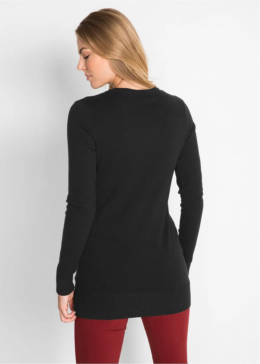Bonprix Bequemer Long-Pullover Aus Weichem Feinstrick - Schwarz