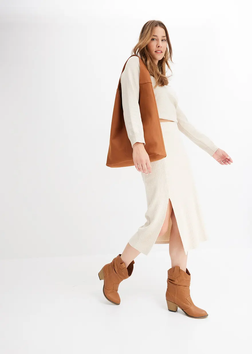 Bonprix Bequemer Rock Mit Schlitz Und Gummibund - Beige - Damen