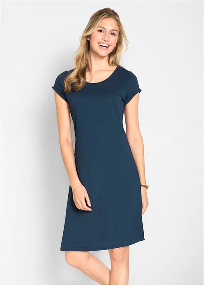 Bonprix Bequemes Baumwollshirtkleid Mit Umgeschlagenen Ärmeln - Blau