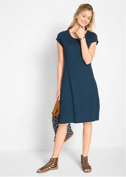 Bonprix Bequemes Baumwollshirtkleid Mit Umgeschlagenen Ärmeln - Blau