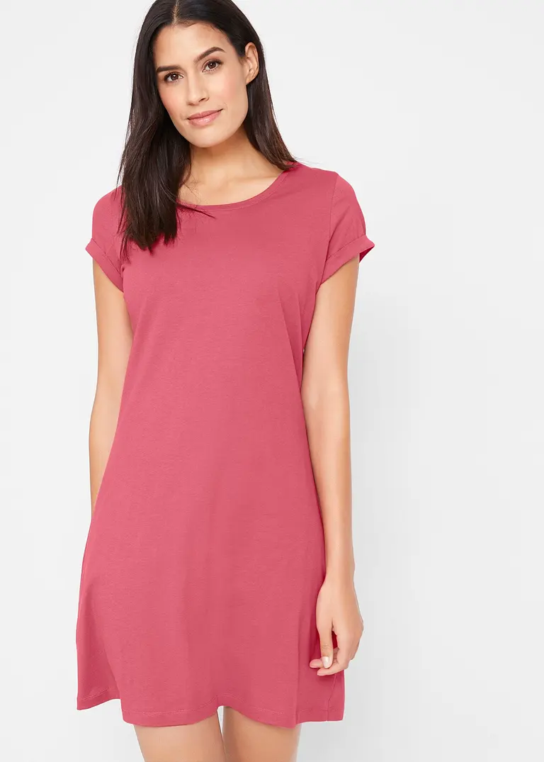 Bonprix Bequemes Baumwollshirtkleid Mit Umgeschlagenen Ärmeln - Pink
