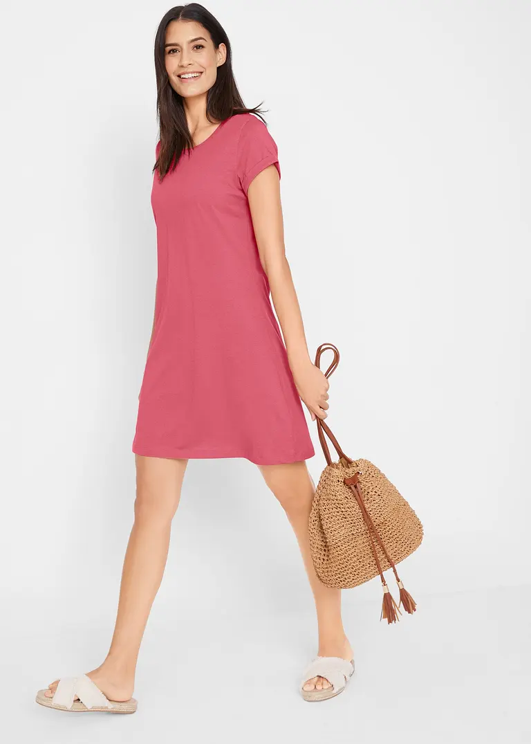 Bonprix Bequemes Baumwollshirtkleid Mit Umgeschlagenen Ärmeln - Pink
