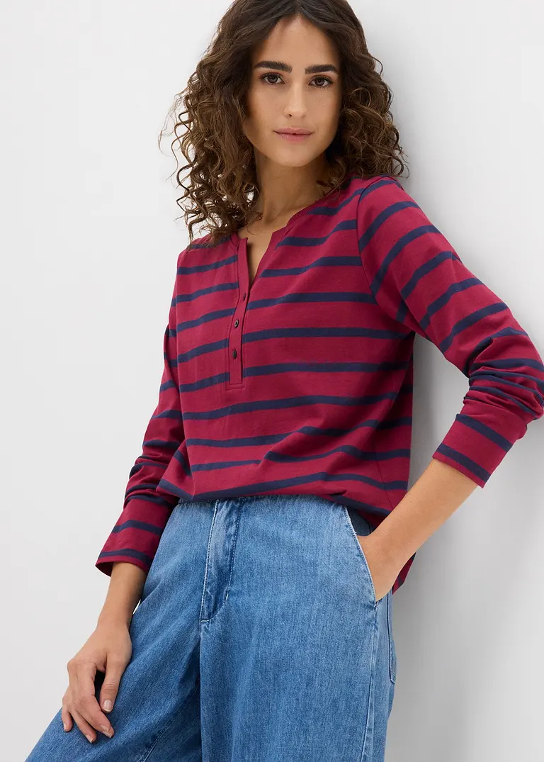 Bonprix Bequemes Henleyshirt Mit Knopfleiste - Rot - Damen