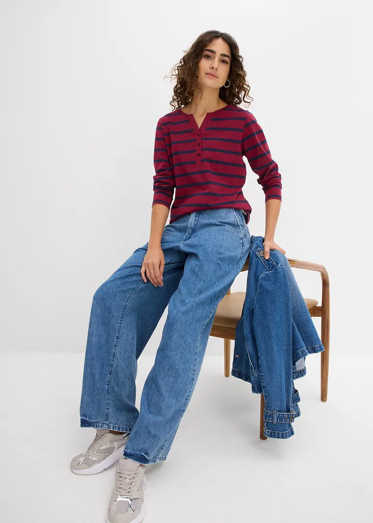 Bonprix Bequemes Henleyshirt Mit Knopfleiste - Rot - Damen