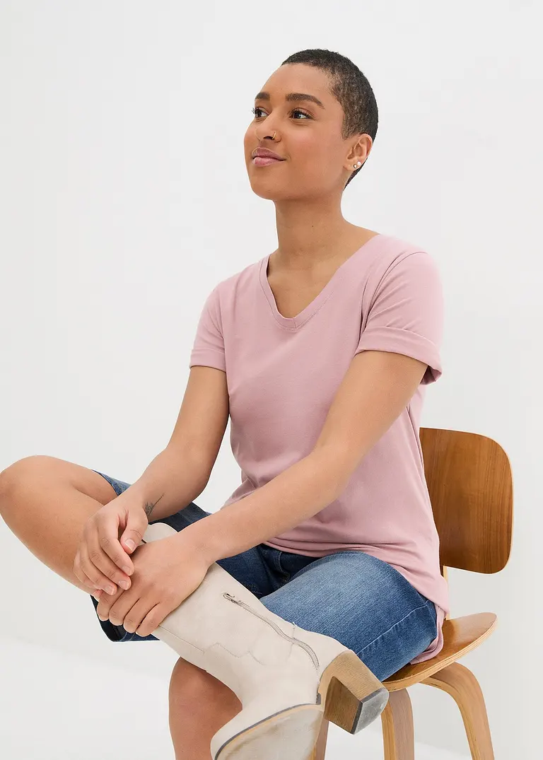Bonprix Bequemes Langes Basic T-Shirt Mit V-Ausschnitt - Damen