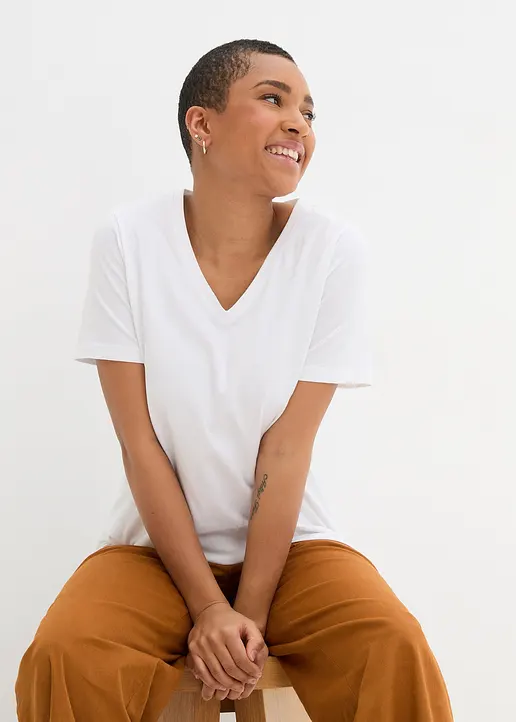 Bonprix Bequemes Langes Basic T-Shirt Mit V-Ausschnitt - Schwarz+weiß