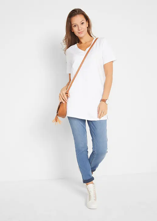 Bonprix Bequemes Langes Basic T-Shirt Mit V-Ausschnitt - Schwarz+weiß